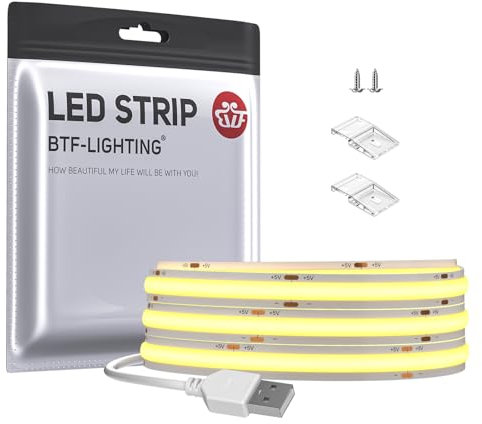 BTF-LIGHTING FCOB COB USB LED Streifen Warmweiß 2m 320LEDs/m LED Strip DC5V RA>90 ohne Dimmer Flexibel hohe Dichte für TV PC Hintergrundbeleuchtung Schlafzimmer DIY Dekoration Inneneinrichtung