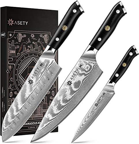 Damascus Knife Set 3 PCS: Japanese Kitchen Knives with VG10 Steel Core, Ultra-Sharp Professional Chef Knife Set, Full Tang G10 Handle, NSF Food-Safe, Elegant Box for Men Him Husband, Mothers Day
