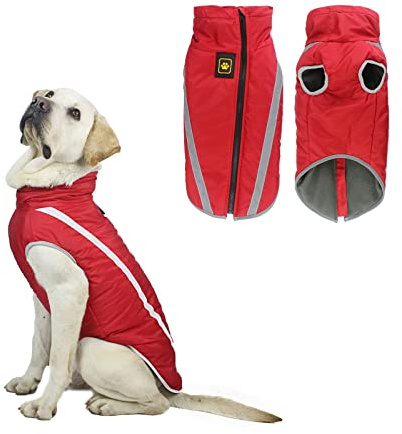 Hunde Winterjacke, Warme Hundejacke Mantel für Mittlere und Große Hunde Winter Wasserdicht Hundekleidung Reflektierende Fleece Welpen Outdoor-Mäntel für Labrador, Bulldogge, Samoye (5XL/60cm, Rot)