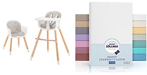 Kinderkraft Hochstuhl SIENNA 2 in 1, Kinderhochstuhl, Grau & Julius Zöllner 8320113100- Spannbetttuch Jersey für das Kinderbett, Größe: 60x120 / 70x140 cm, Farbe: weiß, 1er Pack