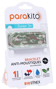 PARAKITO – Pulsera antimosquitos reutilizable – 2 pastillas incluidas con aceites esenciales, 1 mes de protección, sin deet, diseño de camuflaje – talla Junior 3+