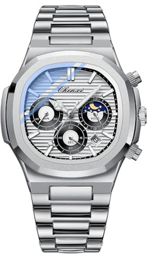 Tiong Herren Chronograph - Quadratisches Achteckiges Design, Leuchtende Wasserdichte Business Uhr, Multifunktions Edelstahl Quarzuhr