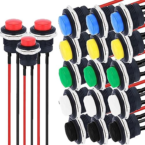 RUNCCI-YUN 18pcs 12V Interruttore Pulsante Rontondo,Mini Pulsanti,16mm Pulsante Interruttore Momentaneo,pulsanti da pannello per DIY auto, Campanello, Barca (Precablato)