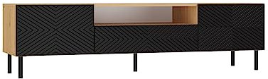 VBChome TV-Schrank 160 x 40 x 43 cm Eiche Artisan - Schwarz Griffelose Tv-Regal mit 2 Türen 1 Schubladen Holzähnlich Geriffelte Türfronten Mehrzweckschrank für Schlafzimmer Wohnzimmer