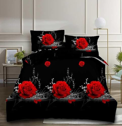 3d Design 4 Piece Complete Bedding Set Digital Floral, Animal Printed Duvet Cover with Fitted Sheet Pillowcases (Black Red Rose 349, Single)