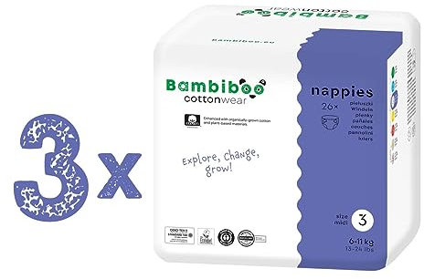 Bambiboo - COTTONWEAR Baby Windeln Großpackung - Einwegwindeln - Größe 3 Midi (6-11kg) - mit Bio-Baumwolle, Pflanzstoffen, Nässeindikator, 3D-Rüschen, Parfümfrei - 3 x 26 Stk