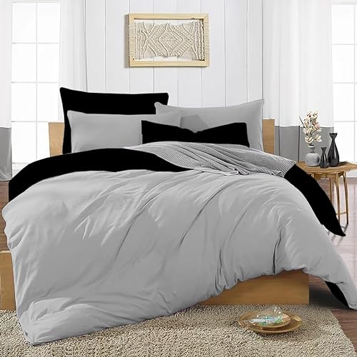 Ev Dekor® Duvet Cover Set Super-King Grey Black - Soft Microfibre Polyester Plain Dyed Reversible Double Duvet Set with Pillow cases - Bedding Quilt Covers Bedsheets