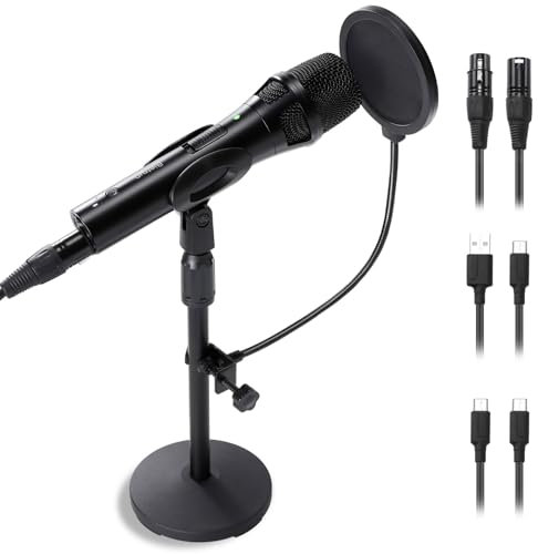 BietrunPro Metall XLR USB-C Dynamisches Mikrofon für Podcast-Aufnahme/Singen, PC Computer Gaming Streaming Studio Gesangsmikrofon mit Mic Gain, Desktop-Ständer, Pop-Filter, Kopfhöreranschluss, für