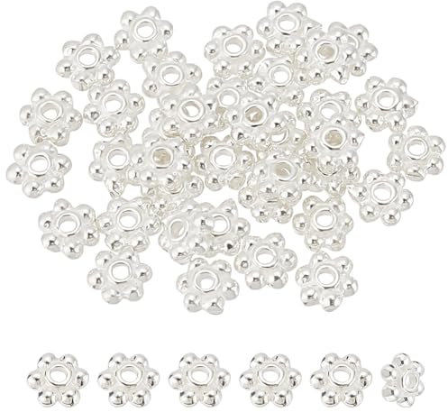 BENECREAT 40PCS 925 Cuentas Espaciadoras de Margaritas de Plata de Ley, Cuenta Septal con Forma de Flor de Plata de 3x1 mm con Paño de Pulido de Plata para Pendientes, Collares,Agujero: 0.7 mm
