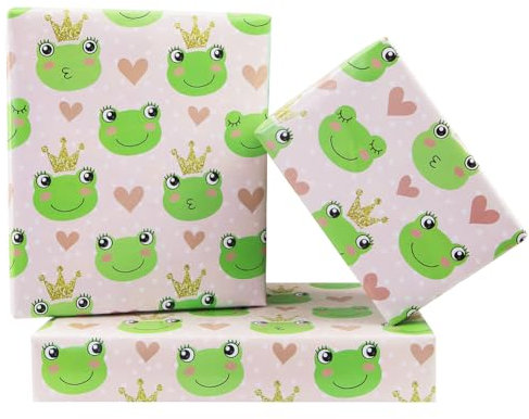 Frosch-Geschenkpapier für Männer, Frauen, Schöne Grüne Frösche mit Krone Herz, bedrucktes Design Lustige Geschenkpapier für Kinder, Jungen, Mädchen, Geburtstag, Babyparty, 4 Blatt