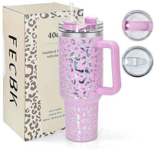 FECBK 40oz Tumbler with Straw and Lid 1.2L, 100% Leak-Proof Travel Mug with Handle, Stainless Steel Vacuum Insulated Water Bottle Keeps Cold for 34H / Hot 12H, Dishwasher Safe, Blush Leopard