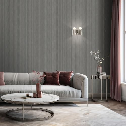Muriva Venezia Papier Peint en Vinyle Texturé à Rayures, Papiers Peints Tapisserie Autocollante Effet Tissu Tissé Moderne pour Salon, Chambre, Couloir, Gris
