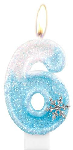 Geburtstagskerzen, glitzernde Zahlenkerze zum 6. Geburtstag, Schneeflocke, Zahl 6, Kerzen für Kuchen, blau-weiße Eiskönigin Kuchen-Kerzen, Toppers für Mädchen, Geburtstagsdekorationen, Partyzubehör