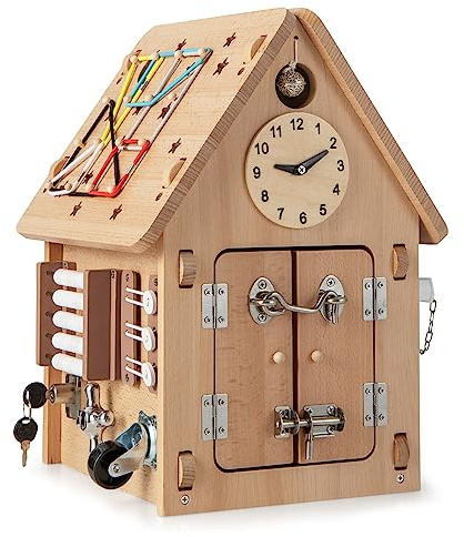 GOPLUS Spielhaus Kinder, Spielzeughaus aus Holz mit 23 Zubehör & Stauraum, Montessori Spielzeug zur Förderung der Feinmotorik, Großer Motorikspielzeug für Kinder ab 3 Jahre, 31 x 30 x 42cm