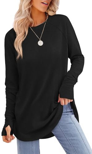 Aokosor Long Sleeve Tops Women UK Black Sweatshirts Long Tops to Wear with Leggings Tunic Jumpers Ladies Sweaters Size 18-20 Thumbholes