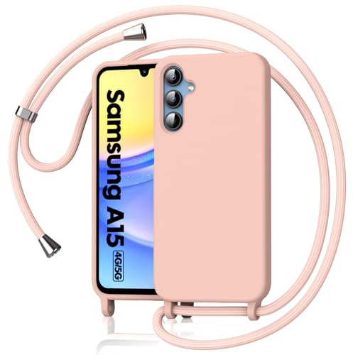 Oududianzi Custodia per Samsung Galaxy A15 4G/5G, Cover Protettiva in Silicone Liquido con Catenella, Custodia Morbida con Laccetto per Tracolla Regolabile, Rosa