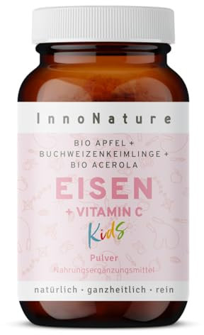 InnoNature Eisen Pulver Kids I aus Bio-Apfel, Buchweizenkeimlingen und Acerola I 50g Pulver 8mg Eisen + 40mg Vitamin C pro Messlöffel, Vegan ohne Zusatzstoffe