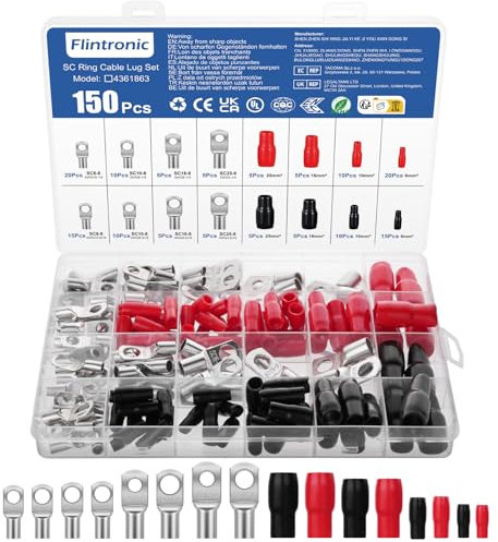 Flintronic 150Pcs Bolt Hole Tinned Copper Terminals Set, Battery SC Ring Terminal Connectors, Wire Crimp Connector, Battery Cable Ends Lugs, Crimp Terminals Connector Kit for Electric, Auto, Boat, Car