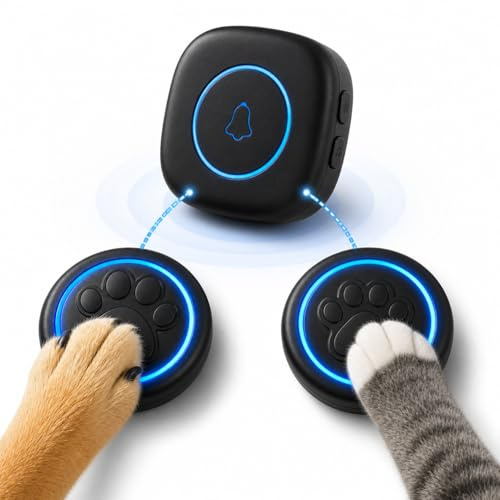 A6 Blk Katzen- & Hundeklingel für Tür (2 Klingeltaster + 1 Empfänger) | Kabellose Haustier-Türklingel, 300 m Reichweite, 60 Melodien, LED-Signal, Wasserdicht, Buzzer für Hund & Katze