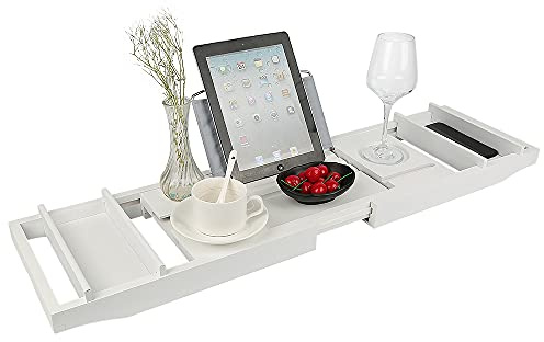 OHMG Plateau De Baignoire Extensible,Planche De Baignoire en Bambou,Support de Baignoire,Plateau De Salle De Bain Réglable pour Baignoire,Tablette De Baignoire Extensible (70-105cm*23 * 3cm(Blanc)