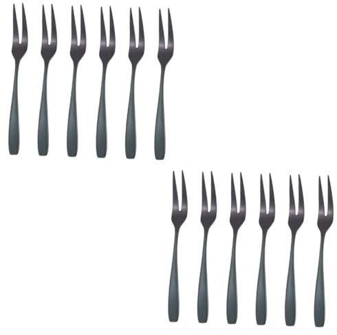 OKUMEYR 12 Piezas tenedores de fruta de acero inoxidable tenedores de comida pequeños cubiertos postre de 2 puntas de aperitivo Black