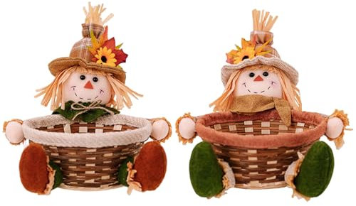 Fall Decorations for Home Plush Handmade Mini Sitting Scarecrow Dolls with Fruit Basket Autumn Boy Girl Figures Gnomes Doll with Sunflower for Thanksgiving Table Ornaments - Type 1+2