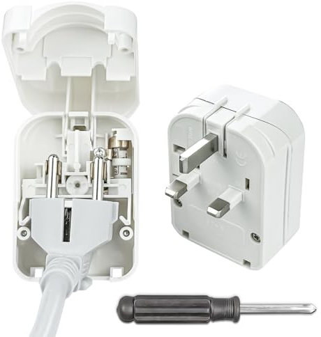 Euro to UK plug adaptor, Euro earthed to UK plug adapter, European to UK plug adaptor 13A Fused, Adapter plug EU to UK with Screwdriver White