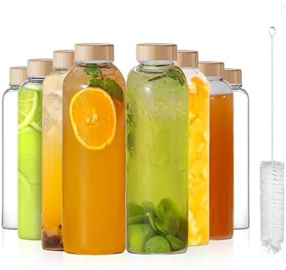 Glass Water Bottles with Wood Lids 8pcs Glass Juice Bottles 500ml Reusable Drinking Bottle Leakproof Beverage Container Clear Bottle for Juicing Sauce Jar Hot & Cold Drinks Milk,with Brush