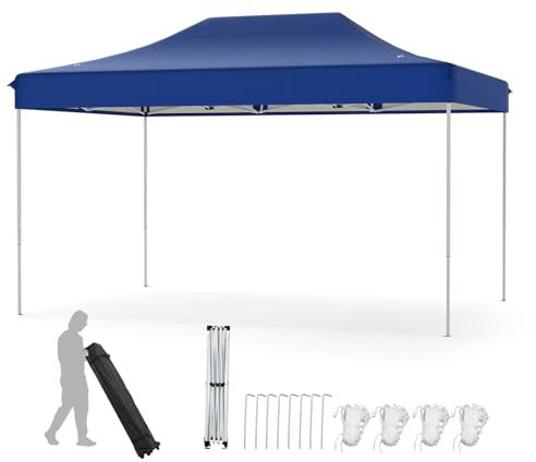 COSTWAY Carpa Plegable 3x4,45m, Pop-up, Pergolas de Jardin con Agujeros de Drenaje, Bolsa de Transporte con Ruedas, Altura Ajustable, Cenador Jardin Exterior (Azul)