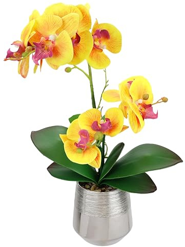 Kunstblume Phalaenopsis Orchidee mit Blätter im Übertopf 42cm Künstliche Blume Kunstorchidee Kunstpflanze Hochzeit Deko Dekoblume Seidenblume Real Touch Dekorative Exotische Blüte, Gelb-Orange
