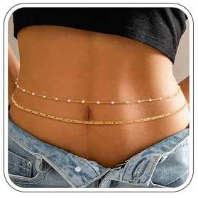 ZOERAY 2Stück Bauchkette Gold Damen Wasserfest 18K Vergoldet Körperkette Waist Beads Geschichtet Taillenkette mit Perlen Verstellbare Bikini Body Belly Chain HüFtkette Körperschmuck für Frauen MäDchen