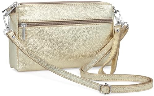 Caspar kleine Leder Umhängetasche Crossbody Bag elegante Damen Tasche mit 3 Fächern - CLASSIC LINE - Modell No.815 - Made in Italy, Farbe:gold metallic
