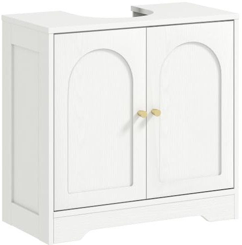 HOMCOM Under Sink Bathroom Cabinet Freestanding Under Sink Cabinet White | 2 Arch Doors, Adjustable Shelf, for Basin without or with Pedestal