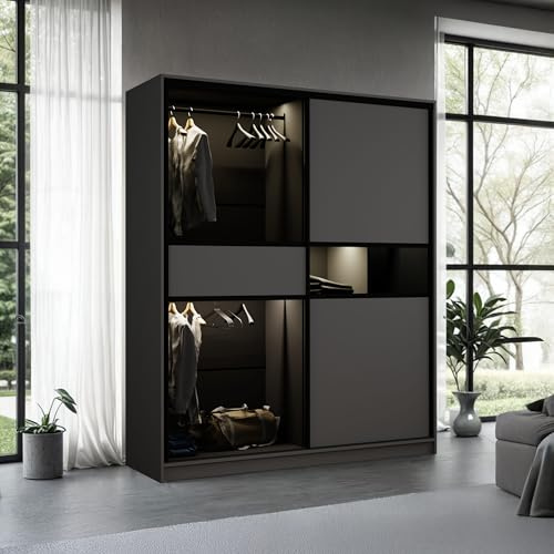 Krudox DRE Graphit Schiebetürenschrank Kleiderschrank 203x217x60 cm - Schlafzimmermöbel, Aufbewahrung – Mehrzweckschrank mit Kleiderstange