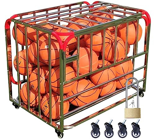 Rolling Sports Ball Storage Rack, 39 Metal Cage on Wheels for Basketball, Soccer & Volleyball - Hinge & Lock Design, Ideal for Home, School & Garage