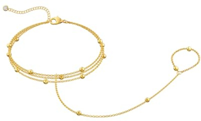 Rainway Gold Handkette mit Ring Damen, 14K Vergoldetes Armband mit Fingerring, Verstellbar Handkettchen Rings Anhänger Armreif, Armbänder mit Ring Verbunden Trendiger Schmuck Geschenk