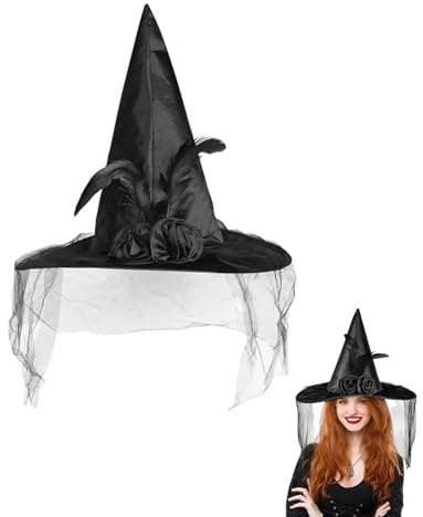 dinghaole Eleganter schwarzer Hexenhut mit Schleier und Federn, spitzes Halloween-Kostüm-Accessoire, geeignet für Urlaub, Party und Veranstaltung