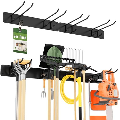 Urban Deco Heavy Duty Garden Tool Rack, Wall-Mounted Garage Tool Organiser with 4 Double Layer Hooks, Holds 150Kg, Ideal for Garden Workshop & Shed Storage Solutions (2 Panel)