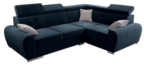 O-Sofa Ecksofa Apollo KN08, Eckcouch in L-Form mit Schlaffunktion, Farbe: Blau, Velourstoff, Ottomane Rechts