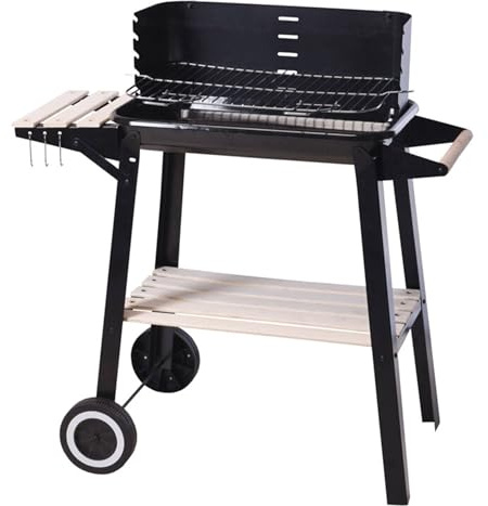 Well Home Barbacoa de Carbón Rectangular con Estantes de Madera FSC con Parrilla Cromada 45x24 cm - Barbacoa de Jardín con Cortavientos y Ruedas