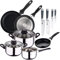 San Ignacio 3 5PZS Set Tres sartenes + Batería de Cocina 5 Piezas + Juego de Cuchillos, Cromado