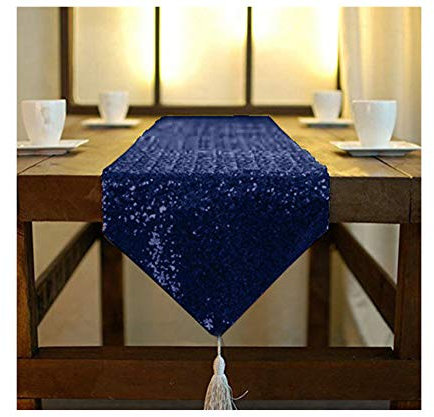 ShinyBeauty Tischläufer mit Quaste schimmerndes 30 x 180 cm mit Glitzer und runden Pailletten, Tischläufer für Party / Hochzeit / Bankett Tischdecke dekorativ (Navy blau, 30x180cm)