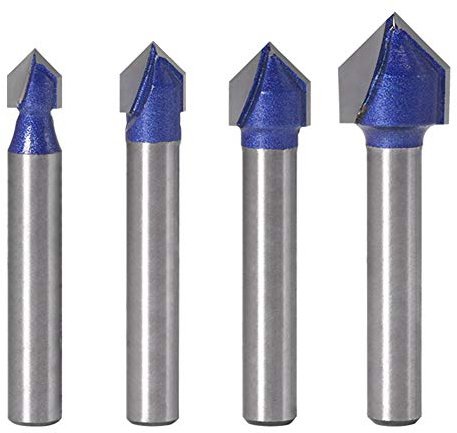 Yakamoz Industrial Grade 1/4-Inch Shank 90 Degree V Groove Router Bit Set CNC Engraving V Grooving Bit Cutter for 3D Signmaking Lettering Carving Woodworking Tool, Cutting Dia. 1/4, 5/16, 3/8, 1/2