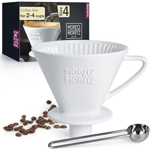 Moritz & Moritz Coffee Dripper Ceramic Size 4 with Nozzle - Excellent Aromatic Coffee Flavour - Coffee Filter Cone Porcelain in White