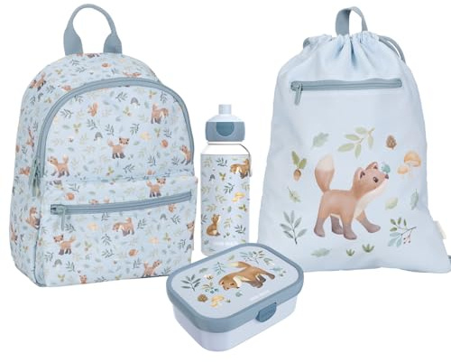 Little Dutch Set Rucksack, Turnbeutel & Brotdose & Trinkflasche Pop-up für Kinder blau - Forest Friends
