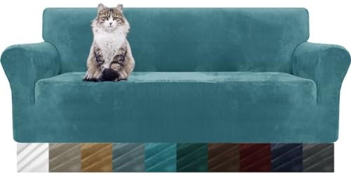 MAXIJIN Housse de canapé en Velours épais 3 Places Housse de canapé Super Extensible pour Chiens Cat Pet Friendly 1-Piece Elastic Furniture Protector (3 Place, Bleu Paon)