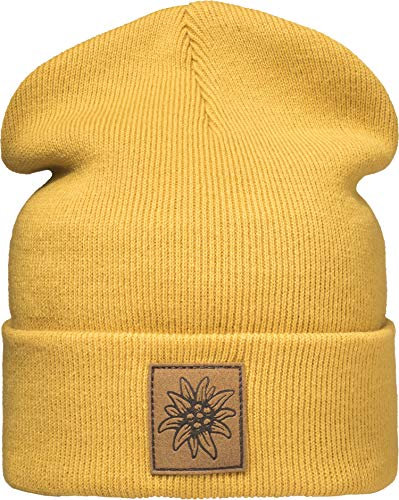 (A) Outdoor Strickmütze: Edelweiß mit Leder Patch - Bergsteigen Klettern Bouldern Sport Wandern Wintermütze Beanie Mütze Damen & Herren Frauen & Männer Geschenk (One Size Gelb)