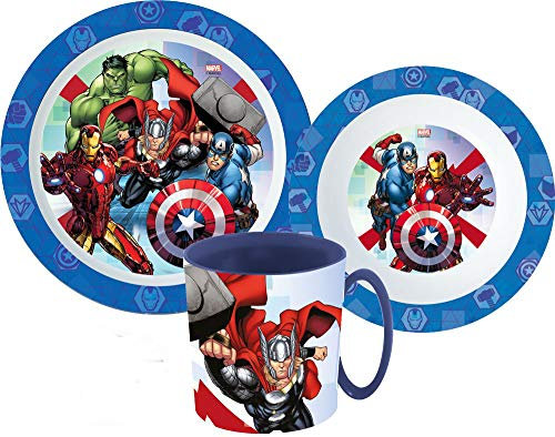 unifun Marvel Avengers Kinder-Geschirr Set mit Teller, Müslischale und Trinkbecher (wiederverwendbar, BPA-frei, 3-teilig, Mehrfarbig, Cartoon, Geburtstag, Mikrowellengeeignet)