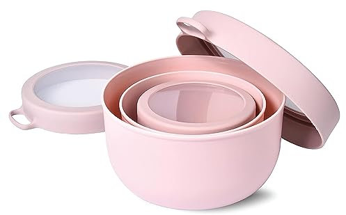 Hip Nesting Bowls - Set of 3-350ml/12oz, 700ml/24oz & 1.2L/41oz Capacity - Reusable and Portable Stacking Storage Containers with Clear Lids and Carry Handle - BPA Free & Recyclable - Dusty Pink