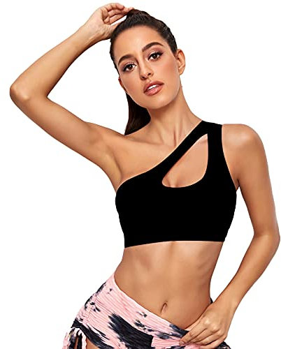 Vertvie Damen One Shoulder Sport BH Sexy Bügellos Workout Bra Gepolstert Tank BH Push Up Bequem Yoga Bralette Fitness Training Mittlere Unterstützung(Schwarz,S)